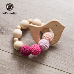 Let's Make Wood Teether Baby Bed Hanging Rattles Toy Make Noise Bird Elephant Shape Crochet Beads Bracelet Pram Clip Baby Rattle