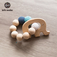 Let's Make Wood Teether Baby Bed Hanging Rattles Toy Make Noise Bird Elephant Shape Crochet Beads Bracelet Pram Clip Baby Rattle