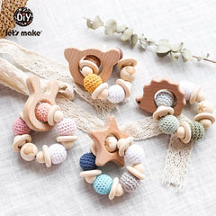 Let's Make 1PC Wooden Teether Hedgehog Crochet Beads Wood Crafts Ring Engraved Bead Baby Teether Wooden Toys For Baby Rattle