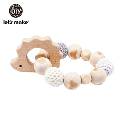 Let's Make 1PC Wooden Teether Hedgehog Crochet Beads Wood Crafts Ring Engraved Bead Baby Teether Wooden Toys For Baby Rattle