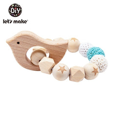 Let's Make 1PC Wooden Teether Hedgehog Crochet Beads Wood Crafts Ring Engraved Bead Baby Teether Wooden Toys For Baby Rattle