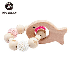 Let's Make 1PC Wooden Teether Hedgehog Crochet Beads Wood Crafts Ring Engraved Bead Baby Teether Wooden Toys For Baby Rattle