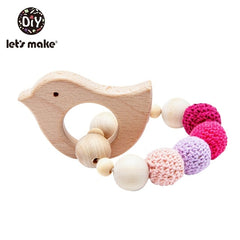 Let's Make 1PC Wooden Teether Hedgehog Crochet Beads Wood Crafts Ring Engraved Bead Baby Teether Wooden Toys For Baby Rattle