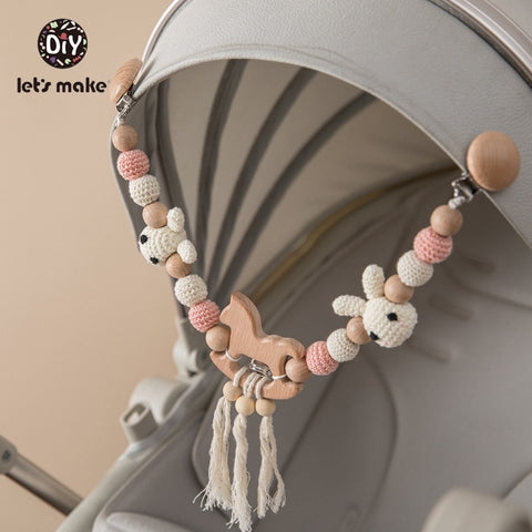 Let's Make Wood Teether Baby Bed Hanging Rattles Toy Make Noise Bird Elephant Shape Crochet Beads Bracelet Pram Clip Baby Rattle