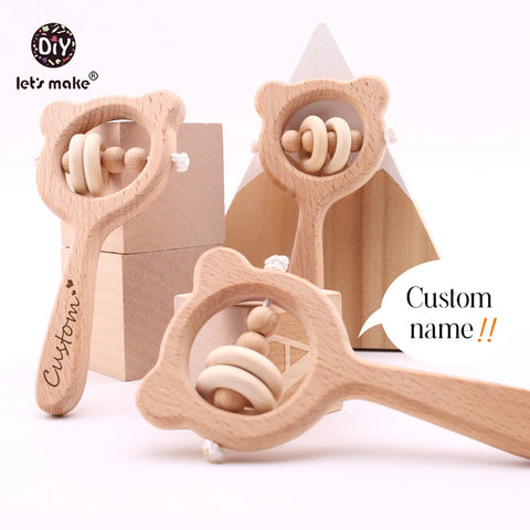 Wooden Rattle Beech Bear Hand Teething Wooden Ring Baby Rattles Play Gym Montessori Stroller Toy Educational Toys Let's Make